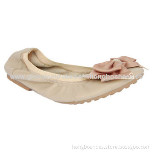 Women's Ballerina Shoe, Gross Grain Bow and Cute Elastic on the Vamp, Dress Leather Insole/Flat HeelNew